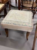 19th cent. Hardwood upholstered footstool embroidered pale green and pink chain stitch covered