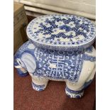 20th cent. Ceramic blue/white conservatory seat in the form of an elephant.