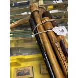 Walking Sticks: Twisted root with antler handle & hallmarked silver ferrule, ebonised wood with horn