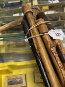 Walking Sticks: Twisted root with antler handle & hallmarked silver ferrule, ebonised wood with horn