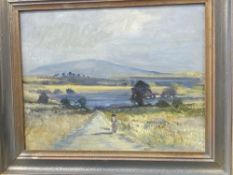 Hugh Pakenham-Mahon: 20th cent. British oil on board Figure in a Landscape. Framed 13ins. x 10ins.