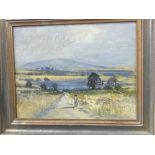 Hugh Pakenham-Mahon: 20th cent. British oil on board Figure in a Landscape. Framed 13ins. x 10ins.