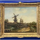 Paulus Constantin la Fargue 1732 - 1782 Dutch: Oil on panel, a Dutch canal scene with windmill,
