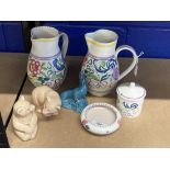 20th cent. Ceramics: Poole Pottery studio ware Bird Putler jug x 2, jam pot, pin dish, bears x 2,