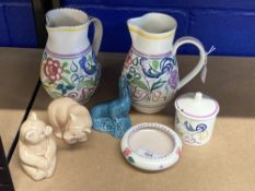 20th cent. Ceramics: Poole Pottery studio ware Bird Putler jug x 2, jam pot, pin dish, bears x 2,