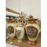 Late 19th/Early 20th cent. Ceramics: Two handle mantel vases, one pair cream, pink, and gilt
