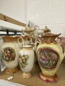 Late 19th/Early 20th cent. Ceramics: Two handle mantel vases, one pair cream, pink, and gilt