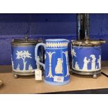 Late 19th/early 20th cent. Ceramics: Wedgwood Blue Jasperware biscuit barrels, plate borders and