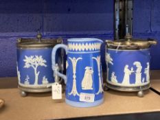 Late 19th/early 20th cent. Ceramics: Wedgwood Blue Jasperware biscuit barrels, plate borders and