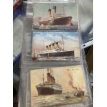 Postcards: Album of liners, to include Lusitania, Mauretania, Olympic, Cedric, Calgaric,