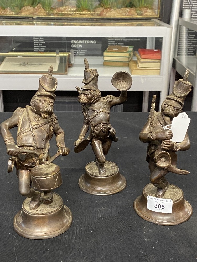 19th/20th cent. Cast brass animal musicians in military uniform, drummer, saxophone player,