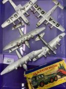 Toys: Diecast Dinky aeroplanes 60W Flying boat sea plane silver x 2, 62G long range bomber, 70A Avro