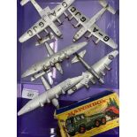 Toys: Diecast Dinky aeroplanes 60W Flying boat sea plane silver x 2, 62G long range bomber, 70A Avro