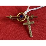 Hallmarked Jewellery: 9ct. Gold cross, hallmarked London and two yellow metal items, one stick pin