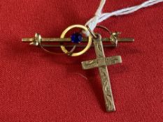 Hallmarked Jewellery: 9ct. Gold cross, hallmarked London and two yellow metal items, one stick pin