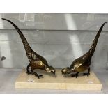 Art deco style brass Asiatic pheasants Lady Amherst, on marble stand - a pair facing. Height 12in.