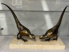 Art deco style brass Asiatic pheasants Lady Amherst, on marble stand - a pair facing. Height 12in.