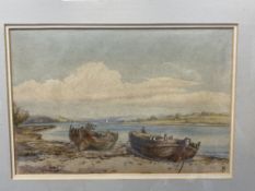 19th cent. English School: Fishing vessels moored on the bank, monogrammed SFE. 14in. x 10in.