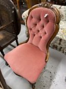 Victorian walnut frame button back occasional chair on cabriole legs.