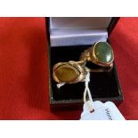 Hallmarked Jewellery: Two 9ct. gold rings, one set with an oval moss agate, the other with an oval