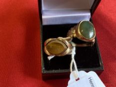Hallmarked Jewellery: Two 9ct. gold rings, one set with an oval moss agate, the other with an oval