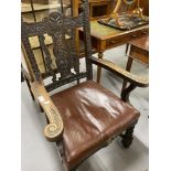 19th cent. Oak carver chair with bobbin turned front supports and red leather seat.