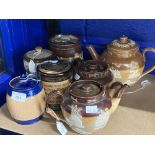 Doulton Lambeth: Harvest ware teapots, 2 pint, 7in. 1 pint, and 1 pint (4¾in.) with replacement