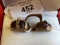 Hallmarked Jewellery: Three 9ct. gold rings, one plain, one with garnets and diamonds and the