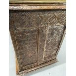 18th/19th cent. French walnut buffet with heavily carved panels depicting folk scenes. 61in.