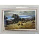 19th cent. English School: Gouche on canvas card, Hay stacks. 16in. x 9in.