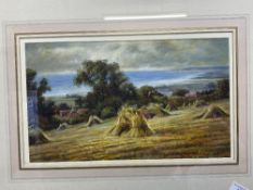 19th cent. English School: Gouche on canvas card, Hay stacks. 16in. x 9in.