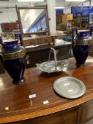 19th cent. Cobalt blue ground two handled vases, a pair (1 A/F) 13½ins. Tudric pewter dish and one