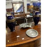 19th cent. Cobalt blue ground two handled vases, a pair (1 A/F) 13½ins. Tudric pewter dish and one