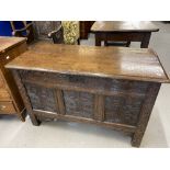 18th cent. Oak six plank coffer, with carved decoration to front panels depicting the tree of