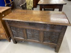 18th cent. Oak six plank coffer, with carved decoration to front panels depicting the tree of