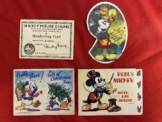 Disney 1930 Mickey Mouse Chums Membership Card no. 174592 plus 2 pop up Christmas Cards and a cut