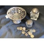 Hallmarked Silver: Pierced bon bon dish, silver topped glass inkwell, small powder pot, silver and