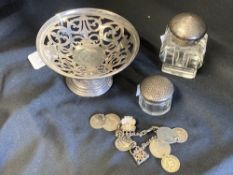 Hallmarked Silver: Pierced bon bon dish, silver topped glass inkwell, small powder pot, silver and