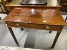 George III mahogany side table, canted supports with single drawer. 39in. x 19in.