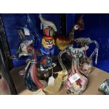 20th cent. Glass: Murano Clown, Cockerel with label, blue fish, stylised Cockerel, end of day