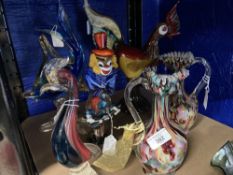 20th cent. Glass: Murano Clown, Cockerel with label, blue fish, stylised Cockerel, end of day