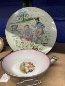 Early 20th cent. Nursery Ceramics: Staywarm dish, pink with transfer print of children at play,