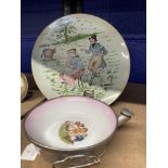 Early 20th cent. Nursery Ceramics: Staywarm dish, pink with transfer print of children at play,