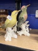 20th cent. Ceramics: Karl Ens bird ornaments Golden Oriel on tree stump. 7½ins. Green Woodpecker