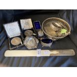 Hallmarked Silver: Mixed silver to include bon bon dish, cigarette case, silver 3d, snuff box, ivory