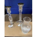 19th cent. Glass: Candlesticks, glass stick with air twist column, circular base, plus another cut