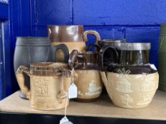 Doulton Lambeth: Two tone harvest jugs, hallmarked silver collars, c1897, a matching pair. 6¾in.