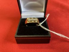 Jewellery: Yellow metal ring set with five diamonds, estimated weight of (5) 0·08ct. Tests as 9ct.