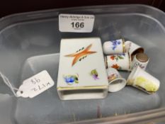 20th cent. Herend porcelain matchbox holder and thimble, plus five other miscellaneous thimbles.