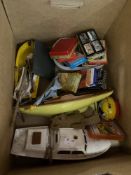 Toys & Games: One box including one wooden and two plastic sailing boats, croquet hoop markers,